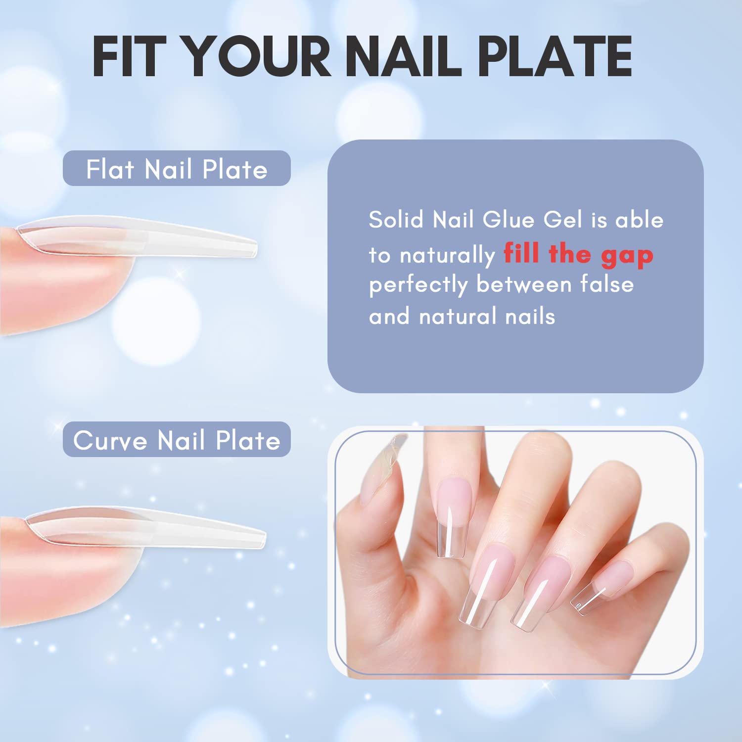 Somehow when I put on my press-on, there is a huge gap between the real nail  and the fake nail. The sides are glued securely, but there's a huge gap on  the
